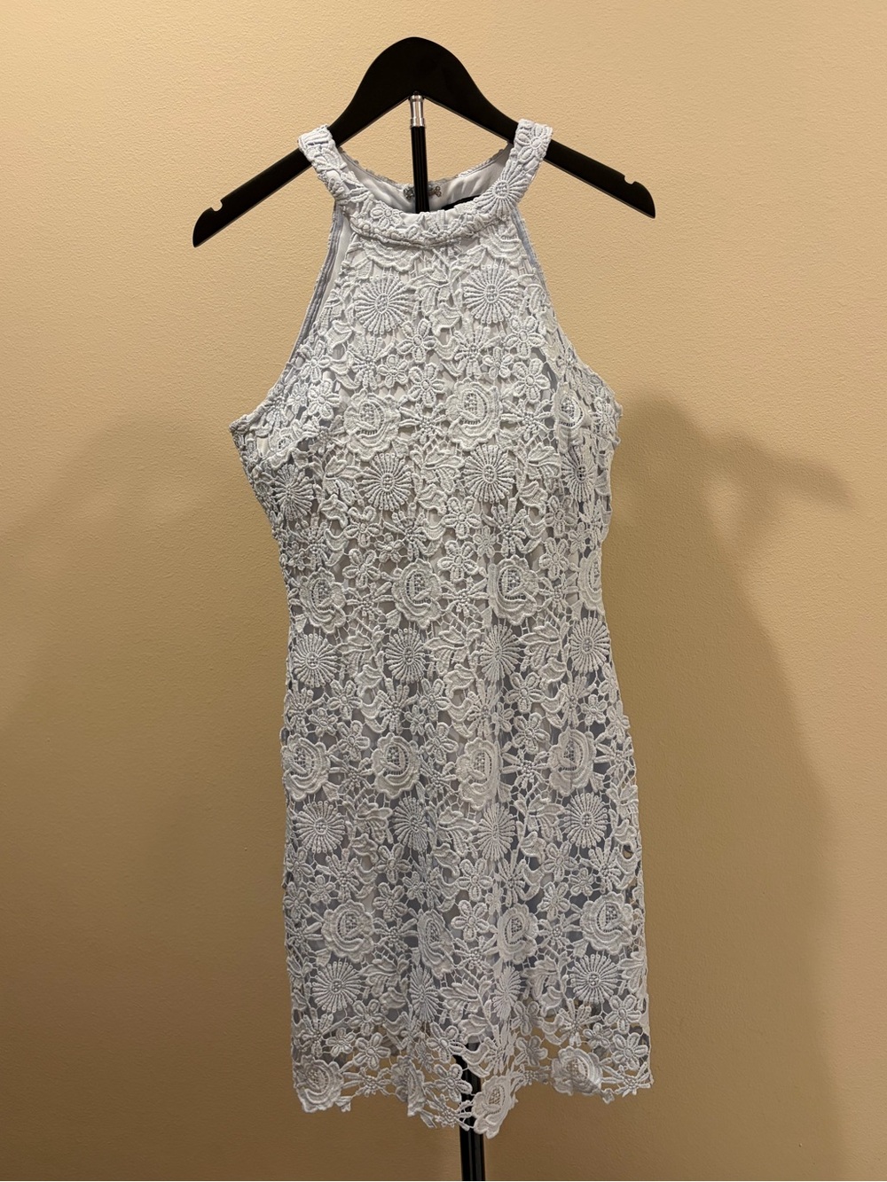 Lulu's Soft Blue Floral Crochet Halter Mini Dress